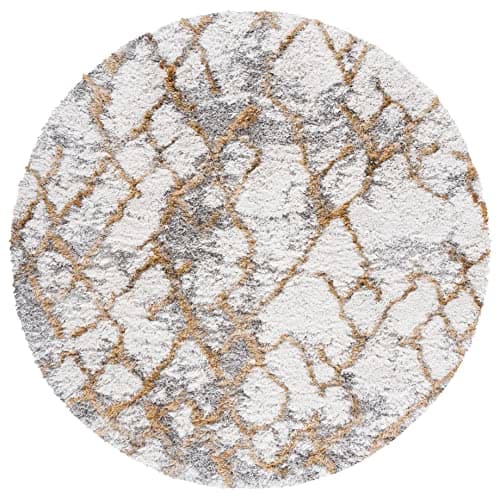 SAFAVIEH Horizon Shag Collection Area Rug - 8' Round, Ivory & Gold, Modern Abstract Design, Non-Shedding & Easy Care, 2-inch Thick Ideal for High Traffic Areas in Living Room, Bedroom (HZN894D)