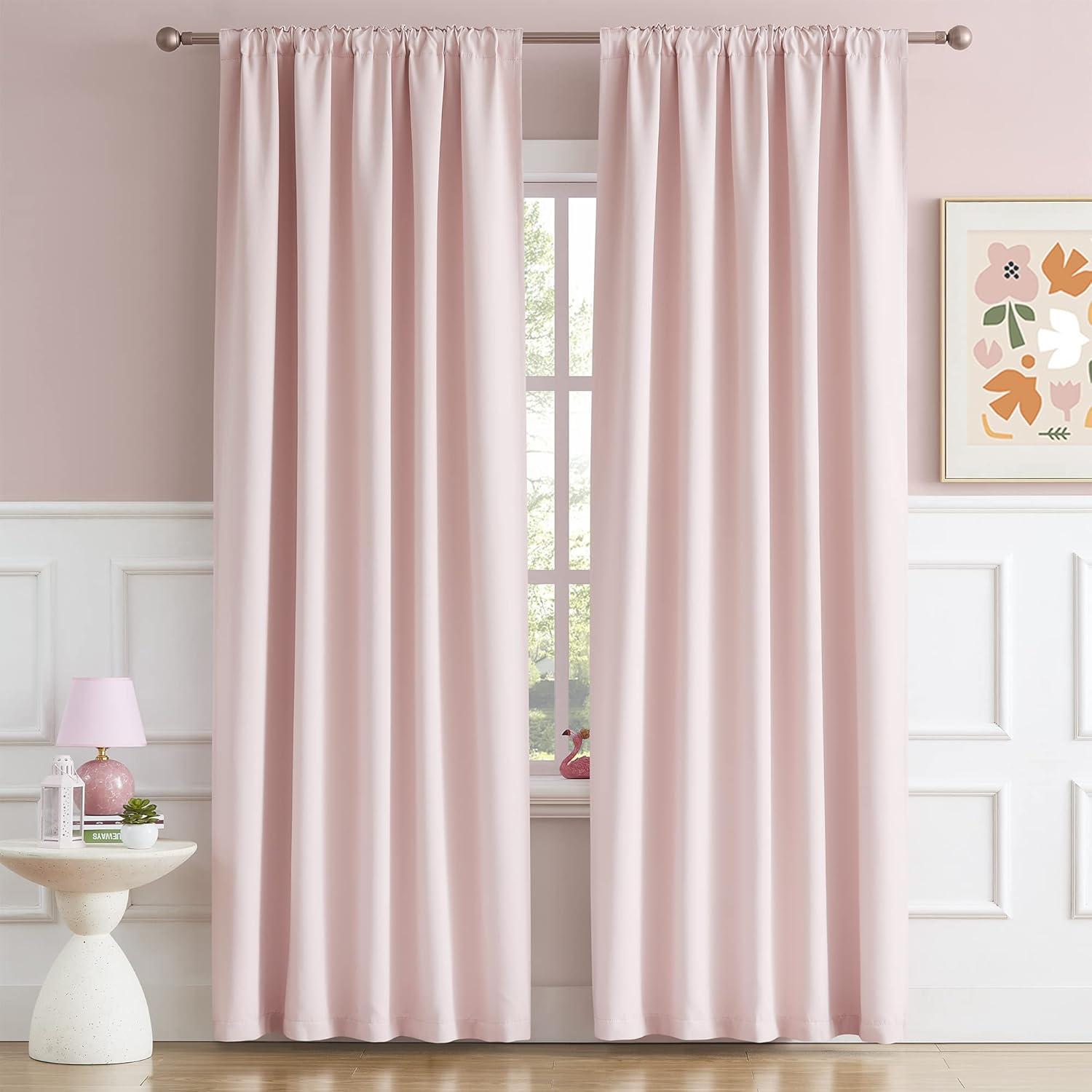 DUALIFE Cute Pink Room Darkenig Curtains 90 Inches Long - Rose Blush Curtains Blackout Pastel Pink Light Blocking Drapes for Girls Bedroom Nursery,52 by 90 Inch, 2 Panels, Back Tab/Rod Pocket