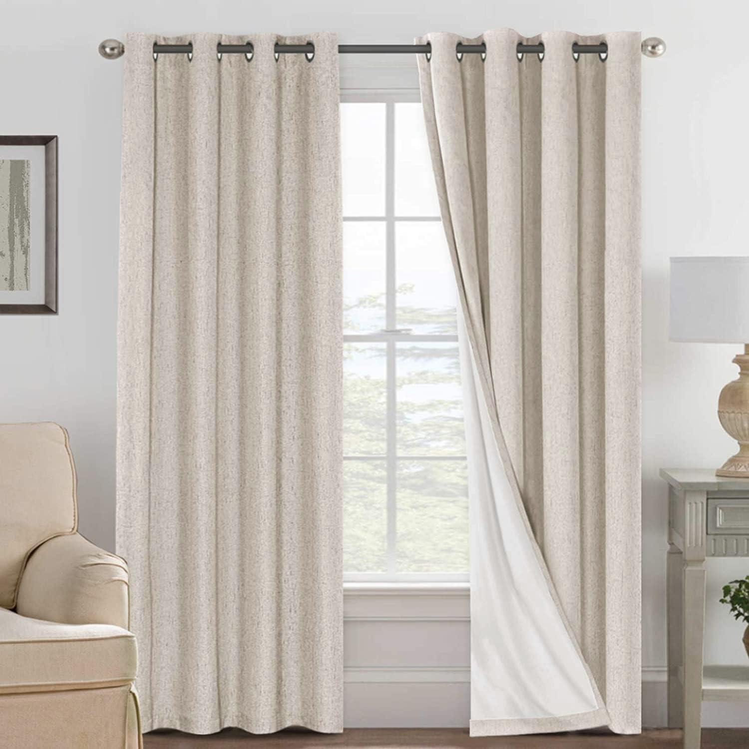 H.VERSAILTEX Linen Blackout Curtains 96 Inches Long, 100% Absolutely Blackout Elegant Curtains for Bedroom, Thermal Insulated Linen Drapes Grommet Curtains with White Liner, 2 Panels, Natural