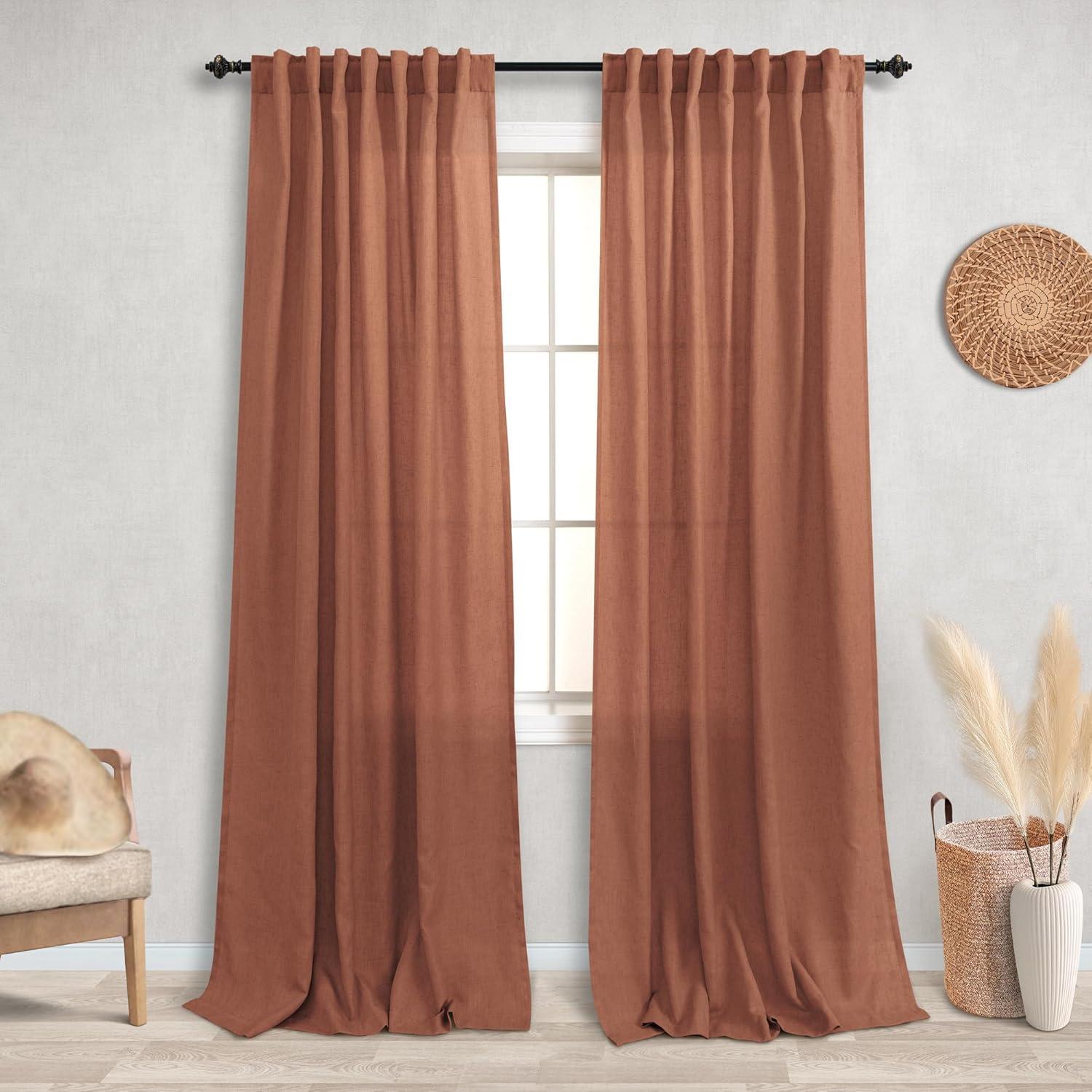 KOUFALL Terracotta Curtains 84 Inches Long for Living Room,Sheer Boho Linen Home Decor Western Curtains for Bedroom,2 Panels,Rust Colored