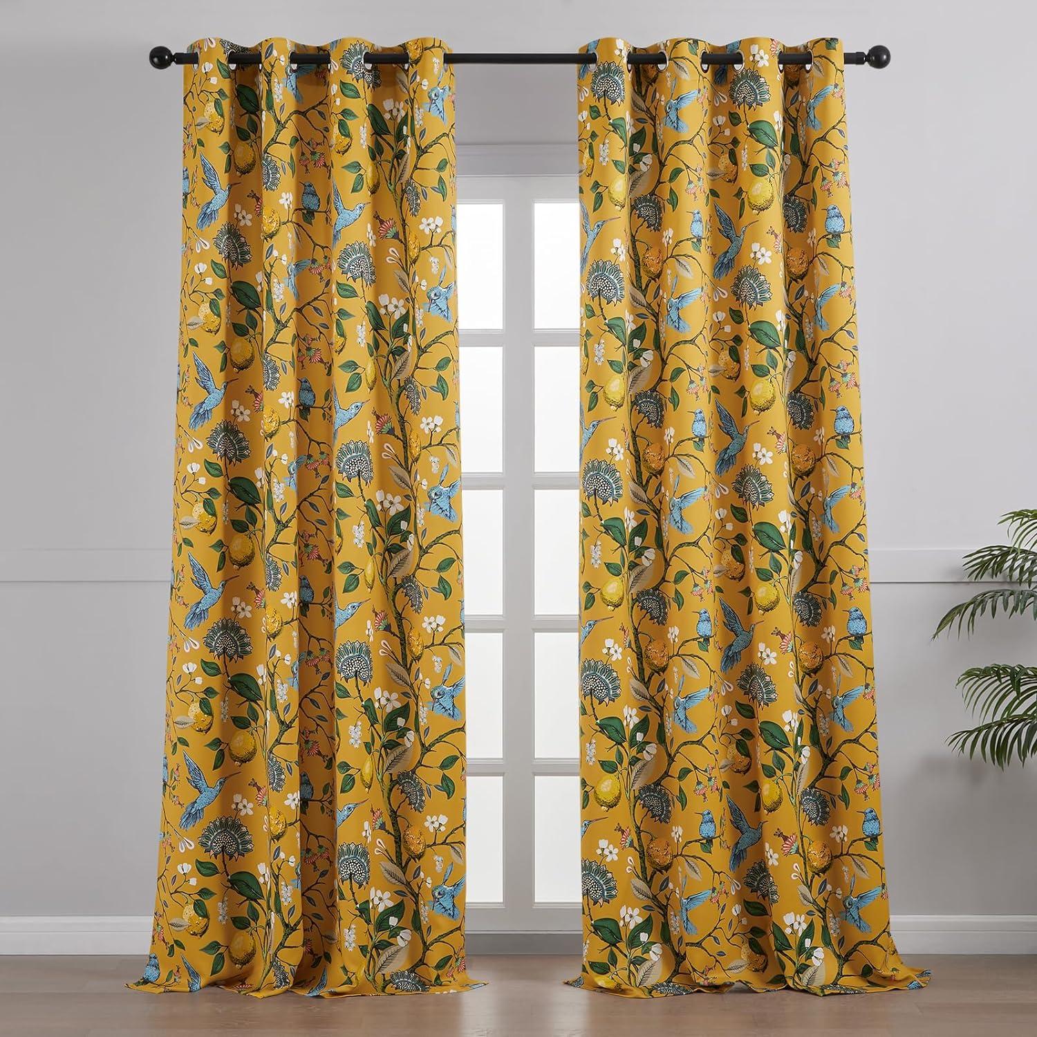 Topfinel Mustard Yellow Vintage Curtains & Drapes 84 Inches Long, Grommet Luxury Whimsical Floral Lemon Hummingbird Patterned Waverly Mid Century Colorful Blackout Drapes for Living Room Bedroom