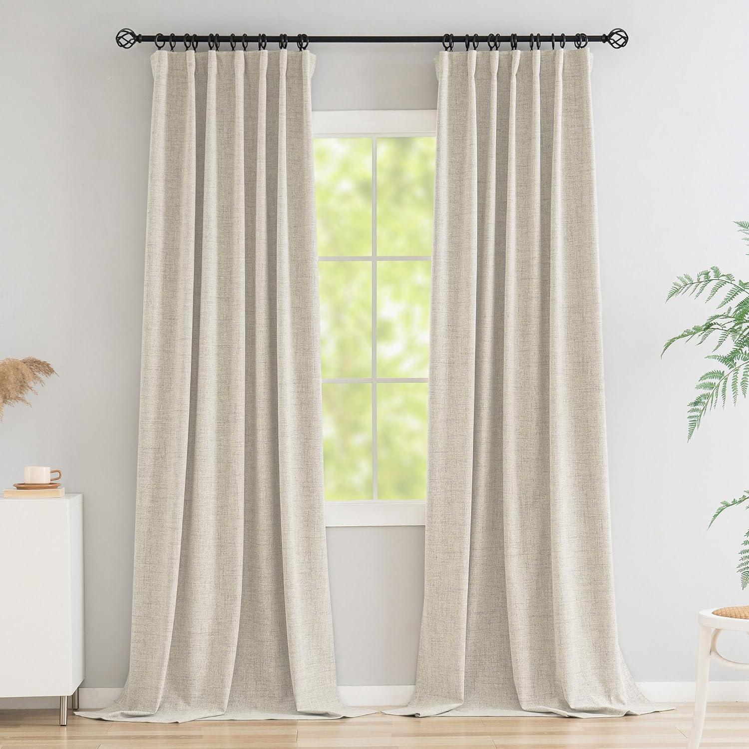 Novecozy 100% Blackout Curtains 84 Inches Length Long,Faux Linen Thermal Insulated Curtains Drapes for Bedroom/Living Room,Rod Pocket/Back Tab/Hook Belt/Ring Clips (2 Panels,W50 x L84,Light Beige)