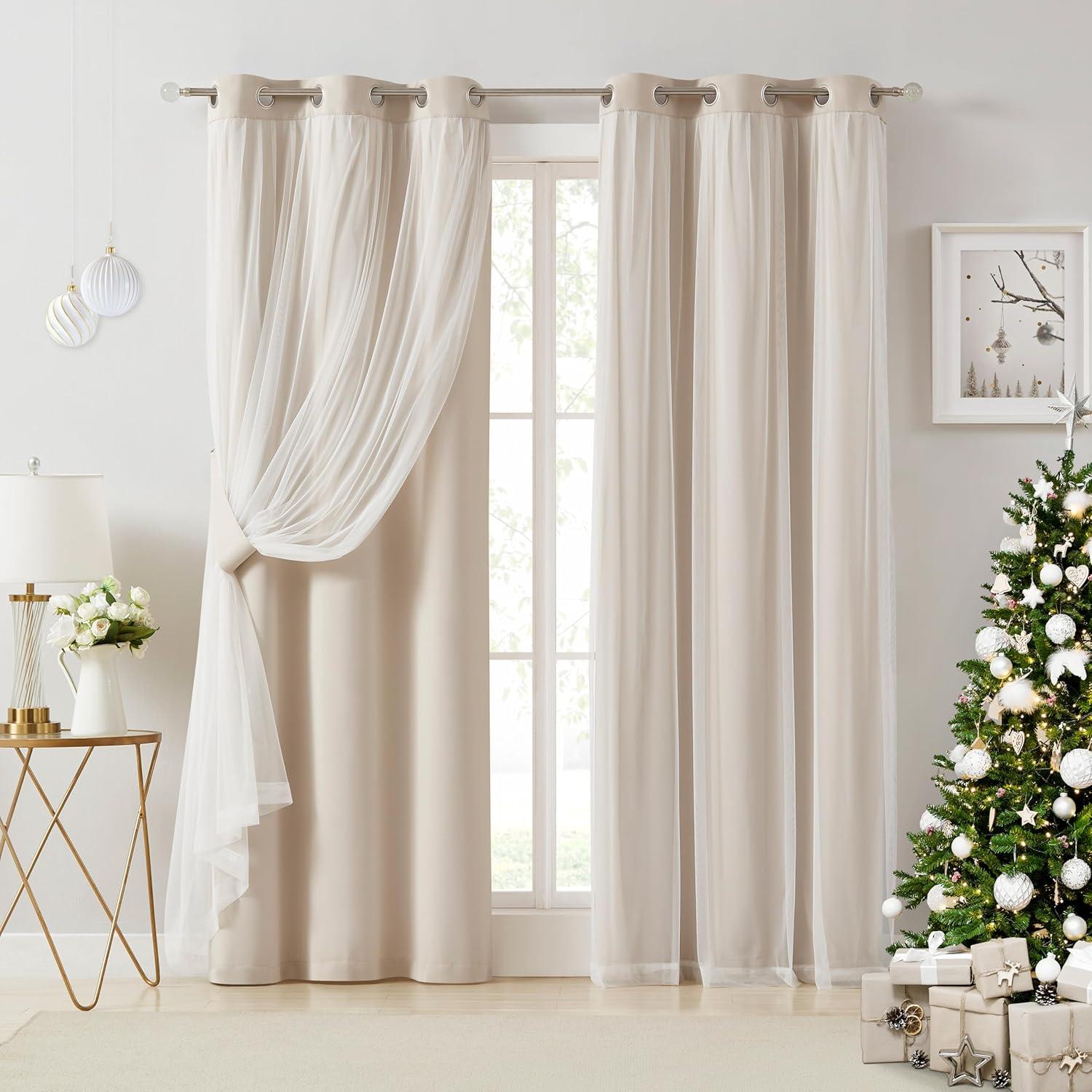 Bujasso Beige 90% Blackout Curtains with Sheer Overlay Mix and Match Double Layer Thermal Insulated Window Panels 95 inch for Living Room Bedroom Beige Drapes with Tiebacks Grommet Top 37" Wx95 Lx2