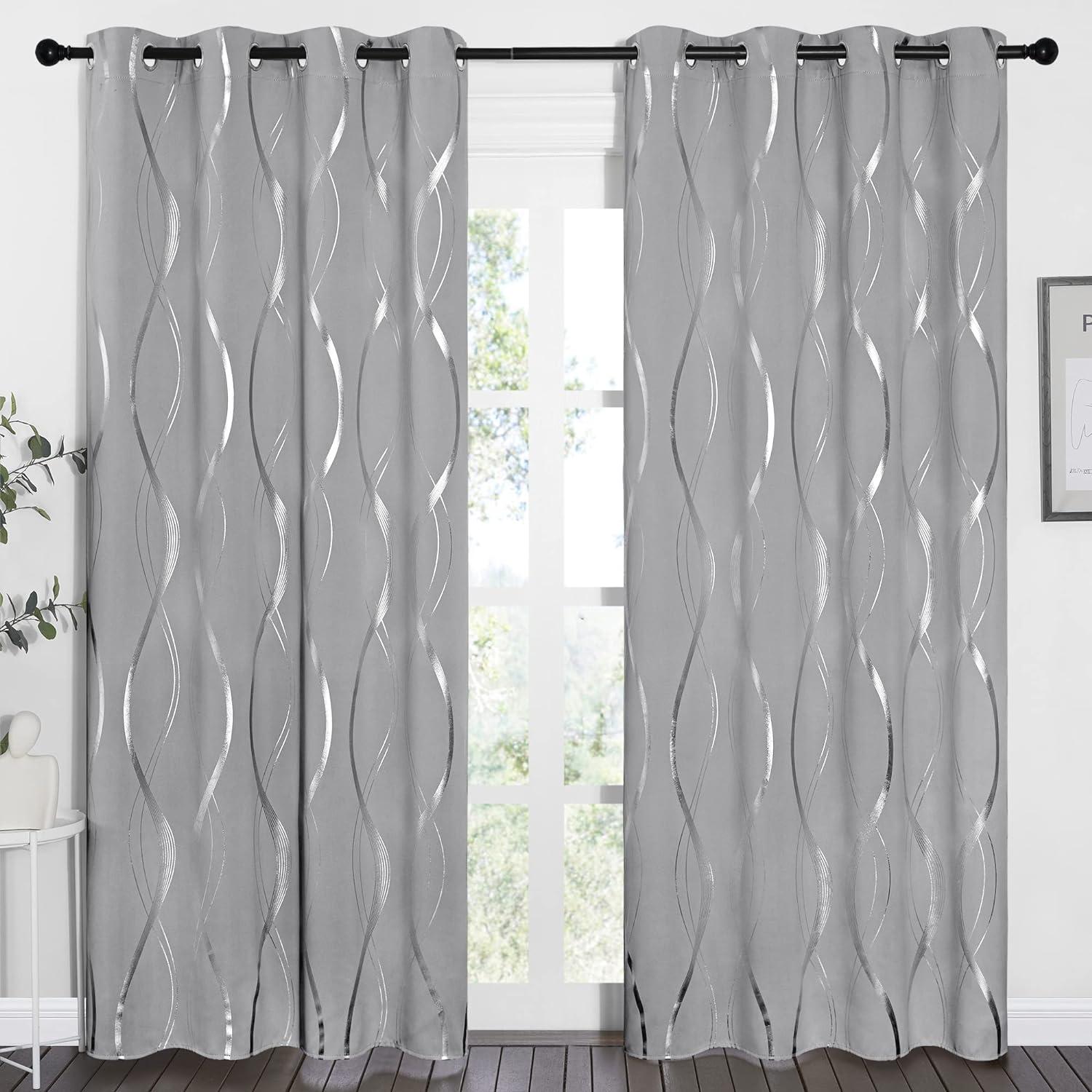 NICETOWN Blackout Curtains Panels for Bedroom, Noise Reducing Thermal Insulated Wave Line Foil Print Design Blackout Curtains for Patio Sliding Glass Door (Silver Grey, 2 Panels, 52 x 84 Inch)