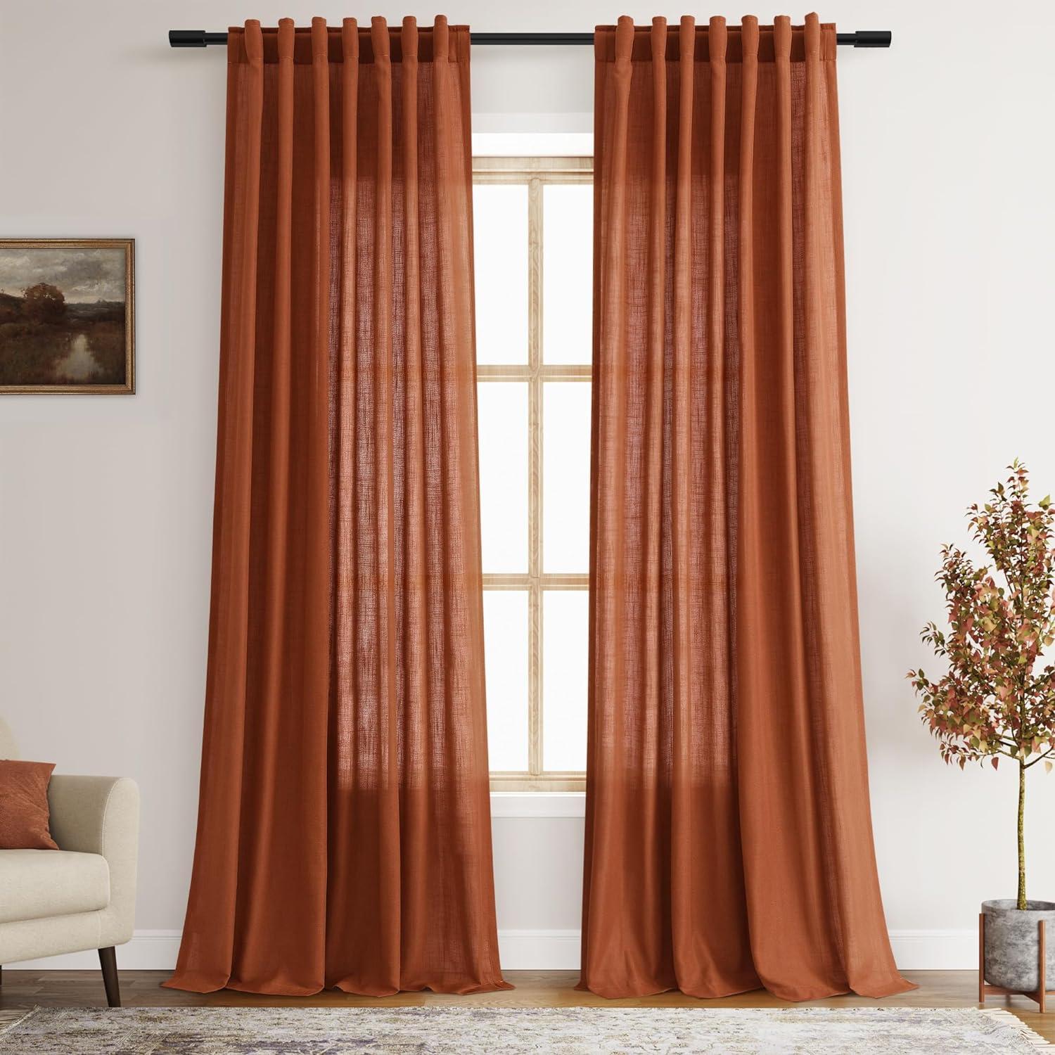 Terracotta Linen Curtains 84 inches Long 2 Panel Set Back Tab Rod Pocket Rustic Farmhouse Boho Curtains for Living Room Semi Sheer Brick Burnt Orange Bohemian Fall Decor for Dining Room Rust